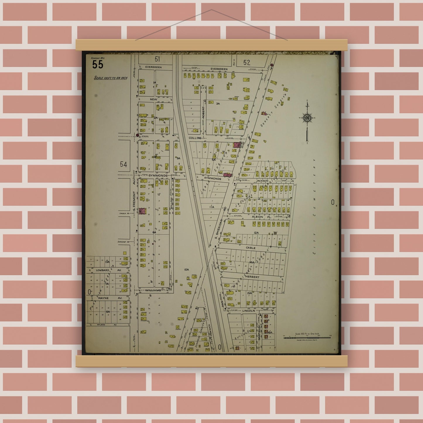 Old map wall art mockup — magnetic wood frame on brick wall — Sanborn Fire Insurance Map from Kenosha, Kenosha County, Wisconsin. (1918), Sheet 59