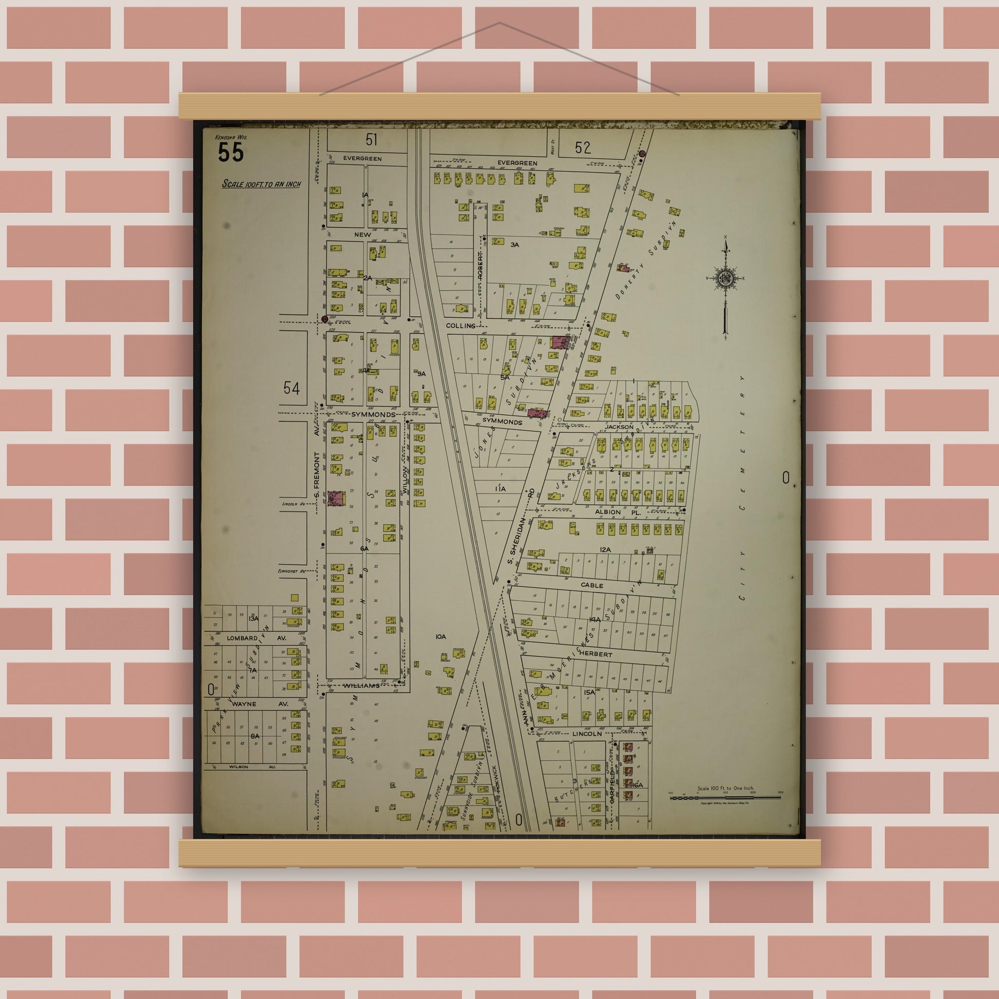Old map wall art mockup — magnetic wood frame on brick wall — Sanborn Fire Insurance Map from Kenosha, Kenosha County, Wisconsin. (1918), Sheet 59