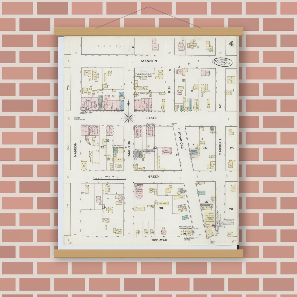 Old map wall art mockup — magnetic wood frame on brick wall — Sanborn Fire Insurance Map from Marshall, Calhoun County, Michigan (1888), Sheet #0004