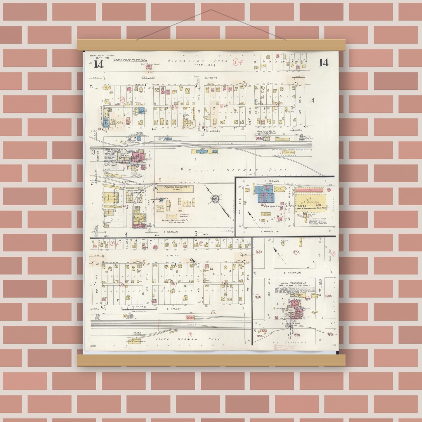 Old map wall art mockup — magnetic wood frame on brick wall — Sanborn Fire Insurance Map from New Ulm, Brown County, Minnesota (1946), Sheet #0014