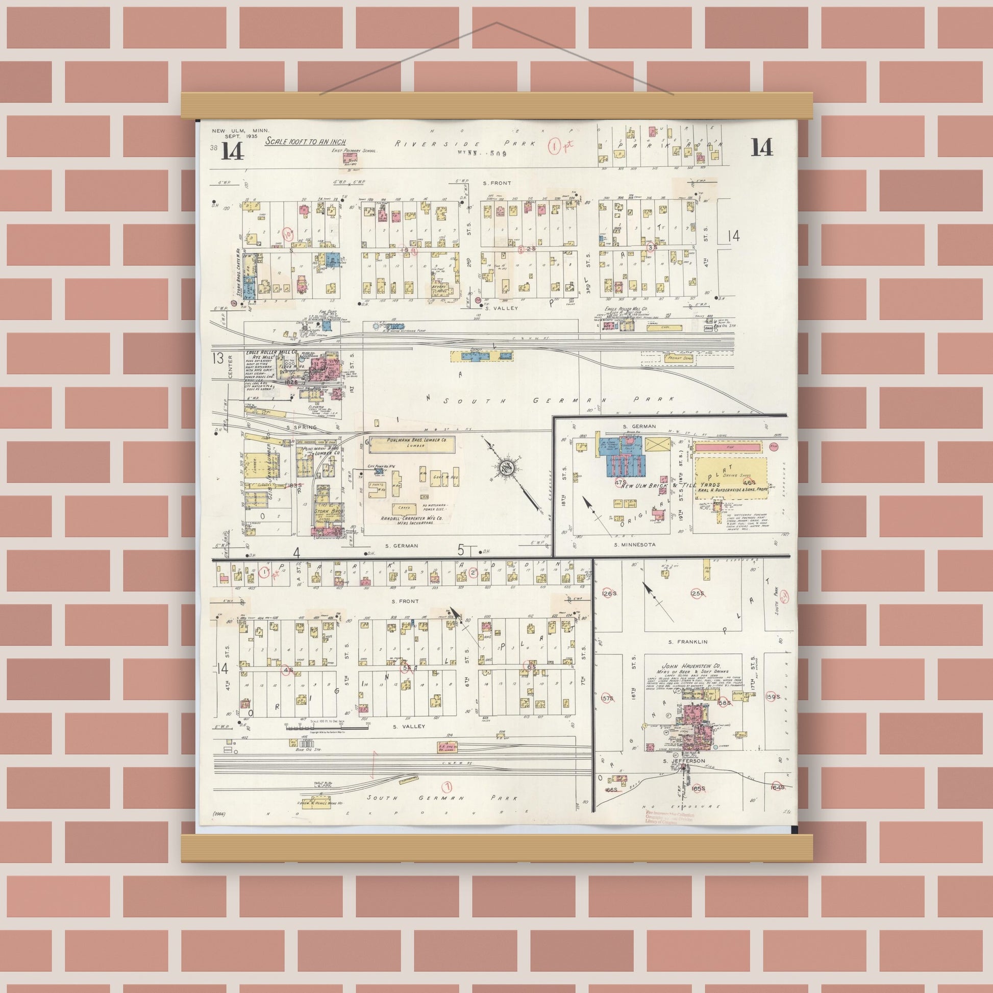 Old map wall art mockup — magnetic wood frame on brick wall — Sanborn Fire Insurance Map from New Ulm, Brown County, Minnesota (1946), Sheet #0014