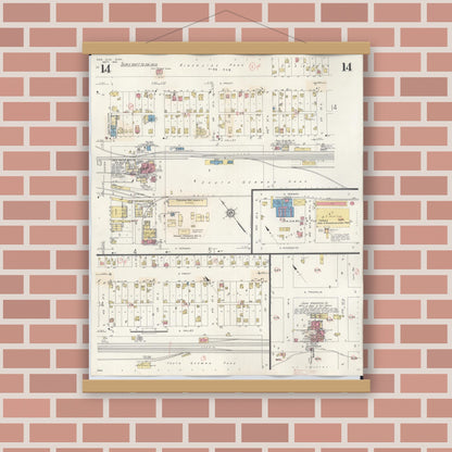 Old map wall art mockup — magnetic wood frame on brick wall — Sanborn Fire Insurance Map from New Ulm, Brown County, Minnesota (1946), Sheet #0014
