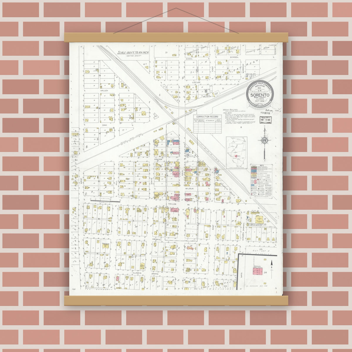 Old map wall art mockup — magnetic wood frame on brick wall — Sanborn Fire Insurance Map from Sorento, Bond County, Illinois (1932), Sheet #0001