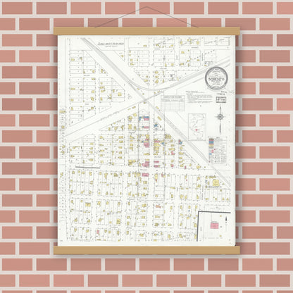 Old map wall art mockup — magnetic wood frame on brick wall — Sanborn Fire Insurance Map from Sorento, Bond County, Illinois (1932), Sheet #0001