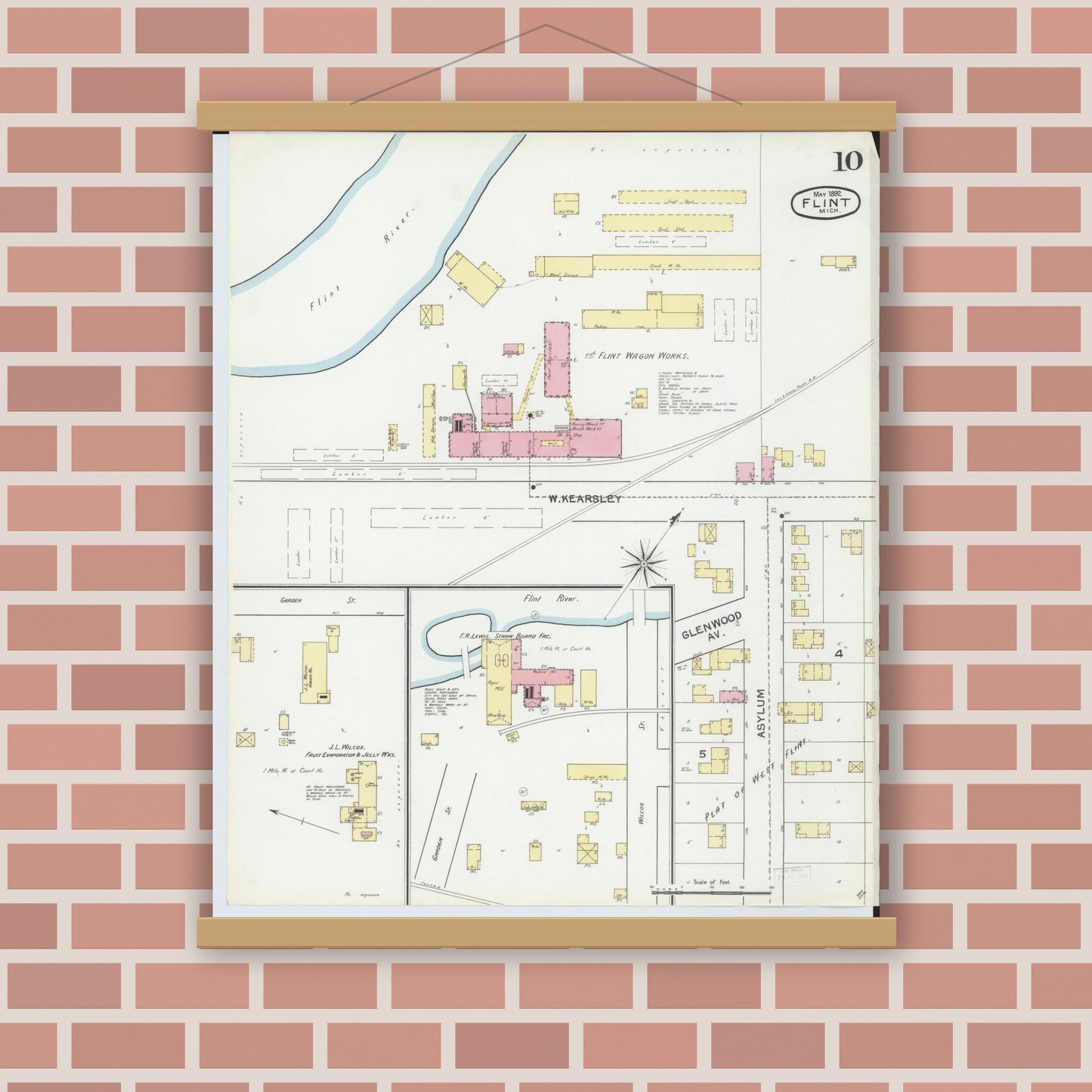 Old map wall art mockup — magnetic wood frame on brick wall — Sanborn Fire Insurance Map from Flint, Genesee County, Michigan (1892), Sheet #0010