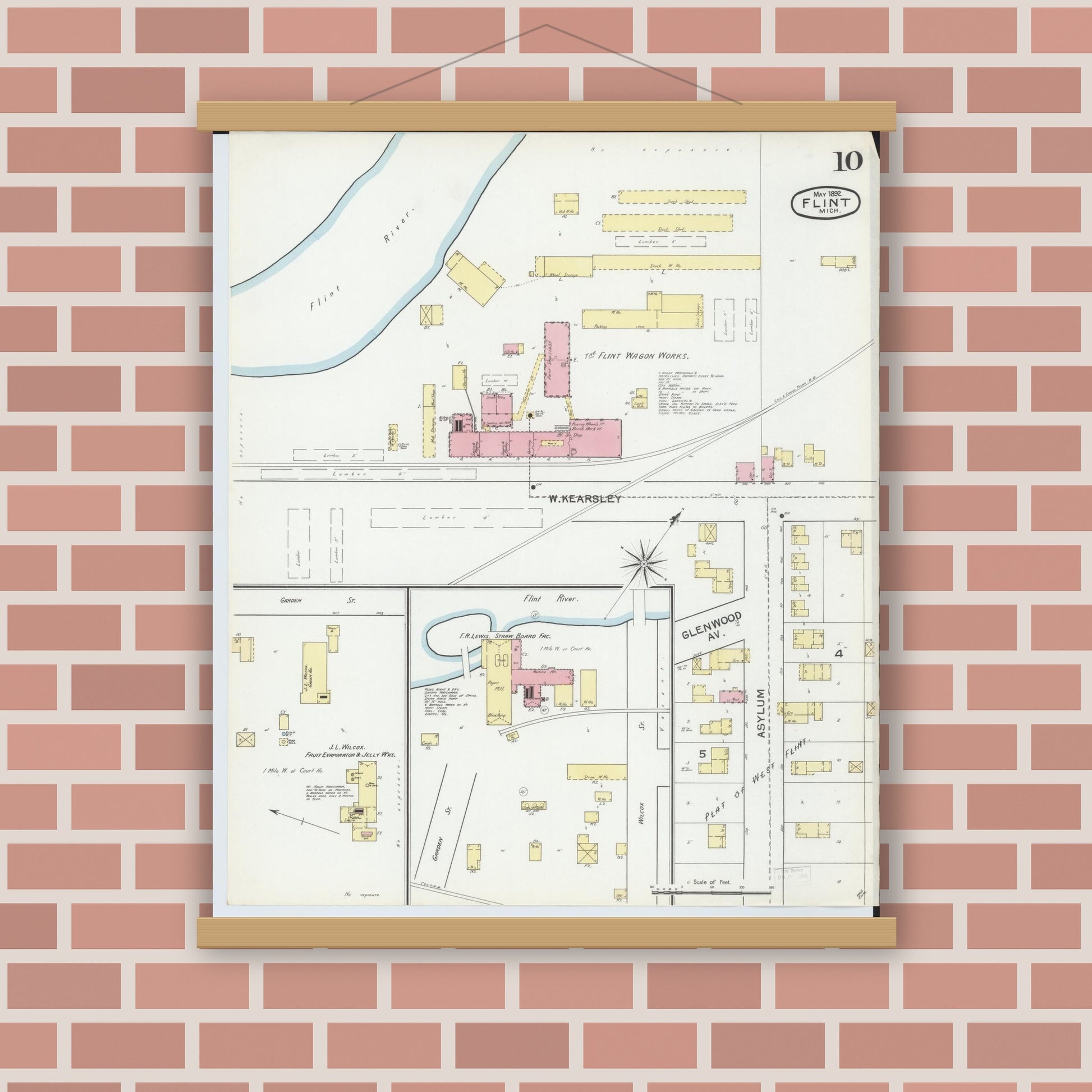 Old map wall art mockup — magnetic wood frame on brick wall — Sanborn Fire Insurance Map from Flint, Genesee County, Michigan (1892), Sheet #0010
