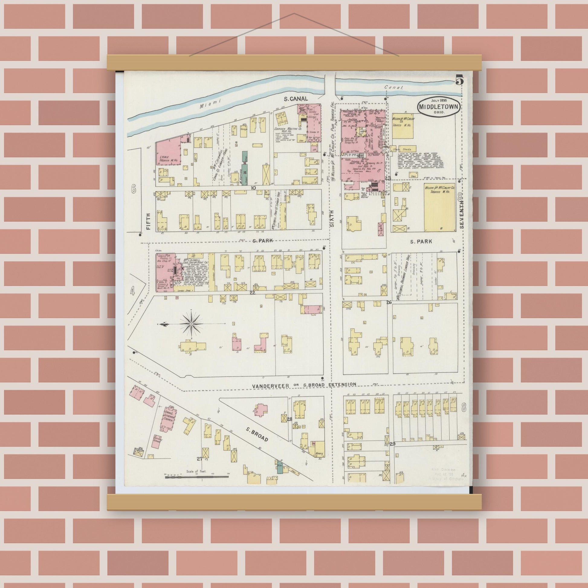 Old map wall art mockup — magnetic wood frame on brick wall — Sanborn Fire Insurance Map from Middletown, Butler County, Ohio (1895), Sheet #0005