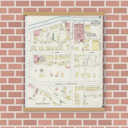 Old map wall art mockup — magnetic wood frame on brick wall — Sanborn Fire Insurance Map from Middletown, Butler County, Ohio (1895), Sheet #0005