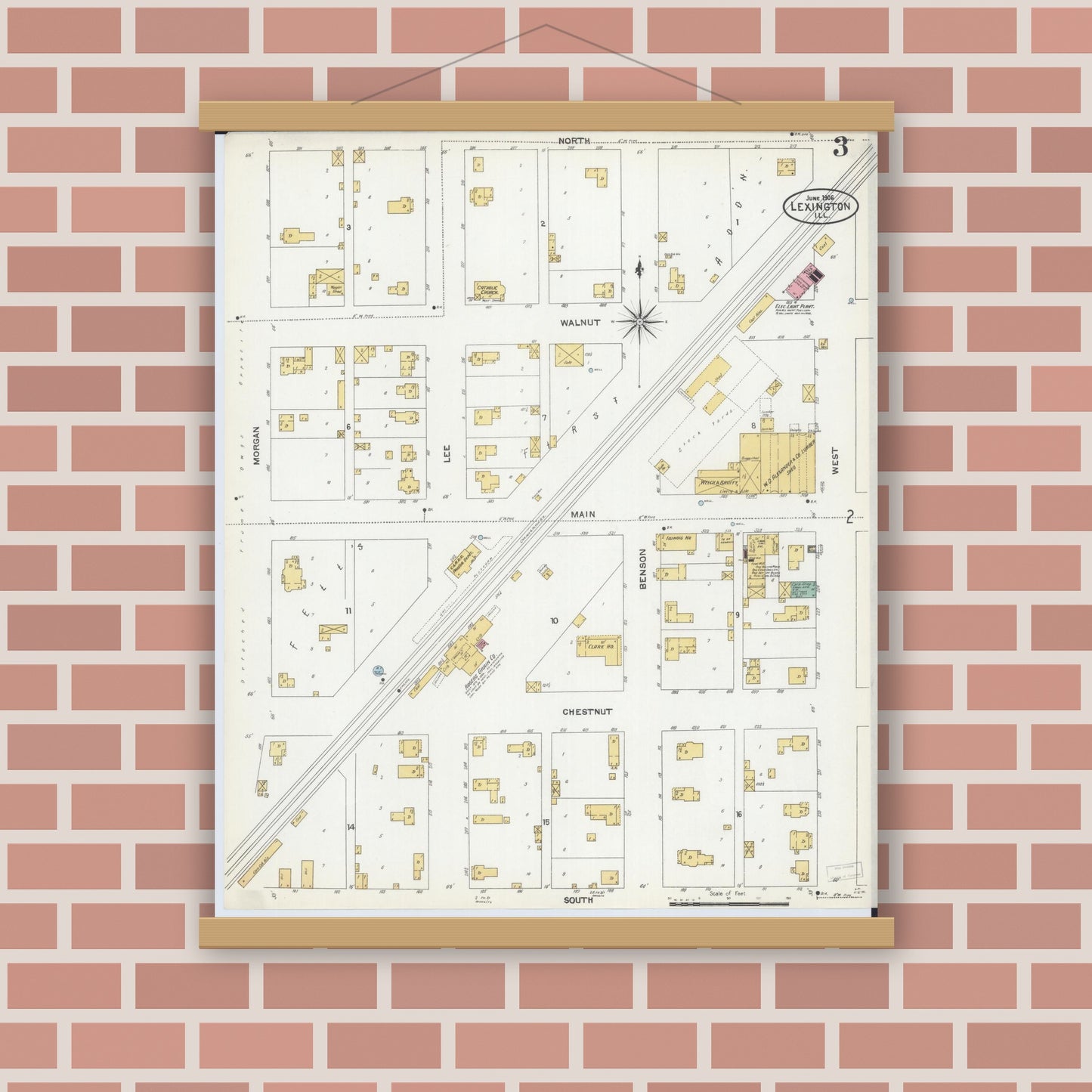 Old map wall art mockup — magnetic wood frame on brick wall — Sanborn Fire Insurance Map from Lexington, McLean County, Illinois (1906), Sheet #0003