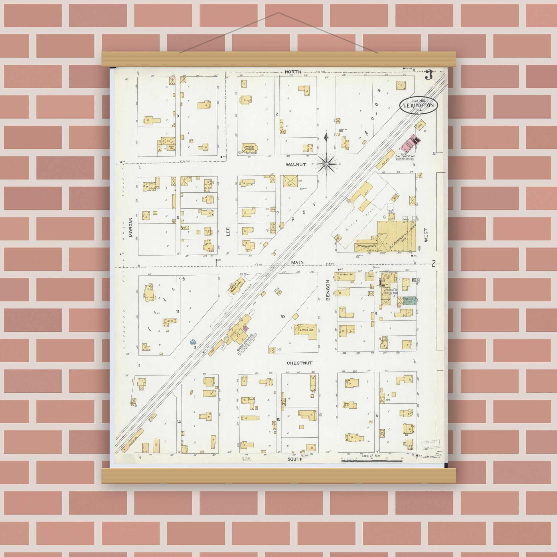 Old map wall art mockup — magnetic wood frame on brick wall — Sanborn Fire Insurance Map from Lexington, McLean County, Illinois (1906), Sheet #0003