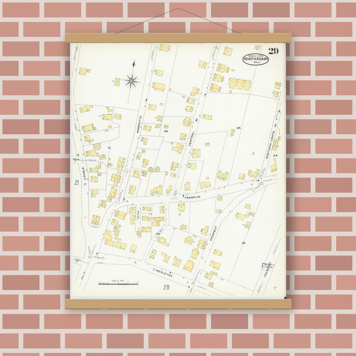 Old map wall art mockup — magnetic wood frame on brick wall — Sanborn Fire Insurance Map from North Adams, Berkshire County, Massachusetts (1908), Sheet #0029