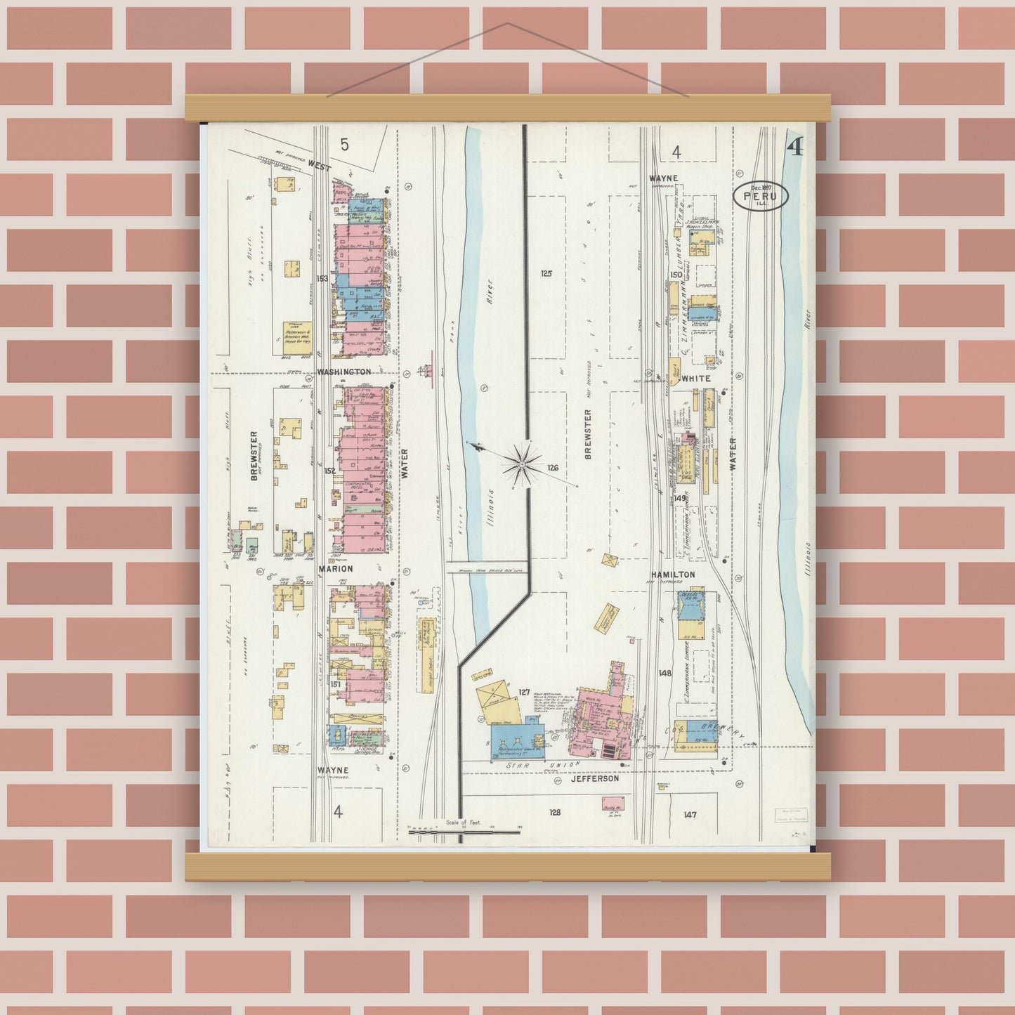 Old map wall art mockup — magnetic wood frame on brick wall — Sanborn Fire Insurance Map from Peru, La Salle County, Illinois (1897), Sheet #0004