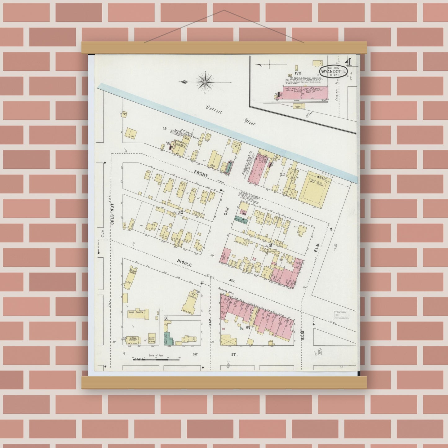 Old map wall art mockup — magnetic wood frame on brick wall — Sanborn Fire Insurance Map from Wyandotte, Wayne County, Michigan (1895), Sheet #0004