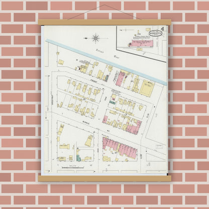 Old map wall art mockup — magnetic wood frame on brick wall — Sanborn Fire Insurance Map from Wyandotte, Wayne County, Michigan (1895), Sheet #0004