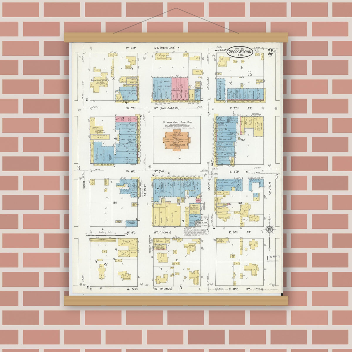 Old map wall art mockup — magnetic wood frame on brick wall — Sanborn Fire Insurance Map from Georgetown, Williamson County, Texas (1916), Sheet #0002