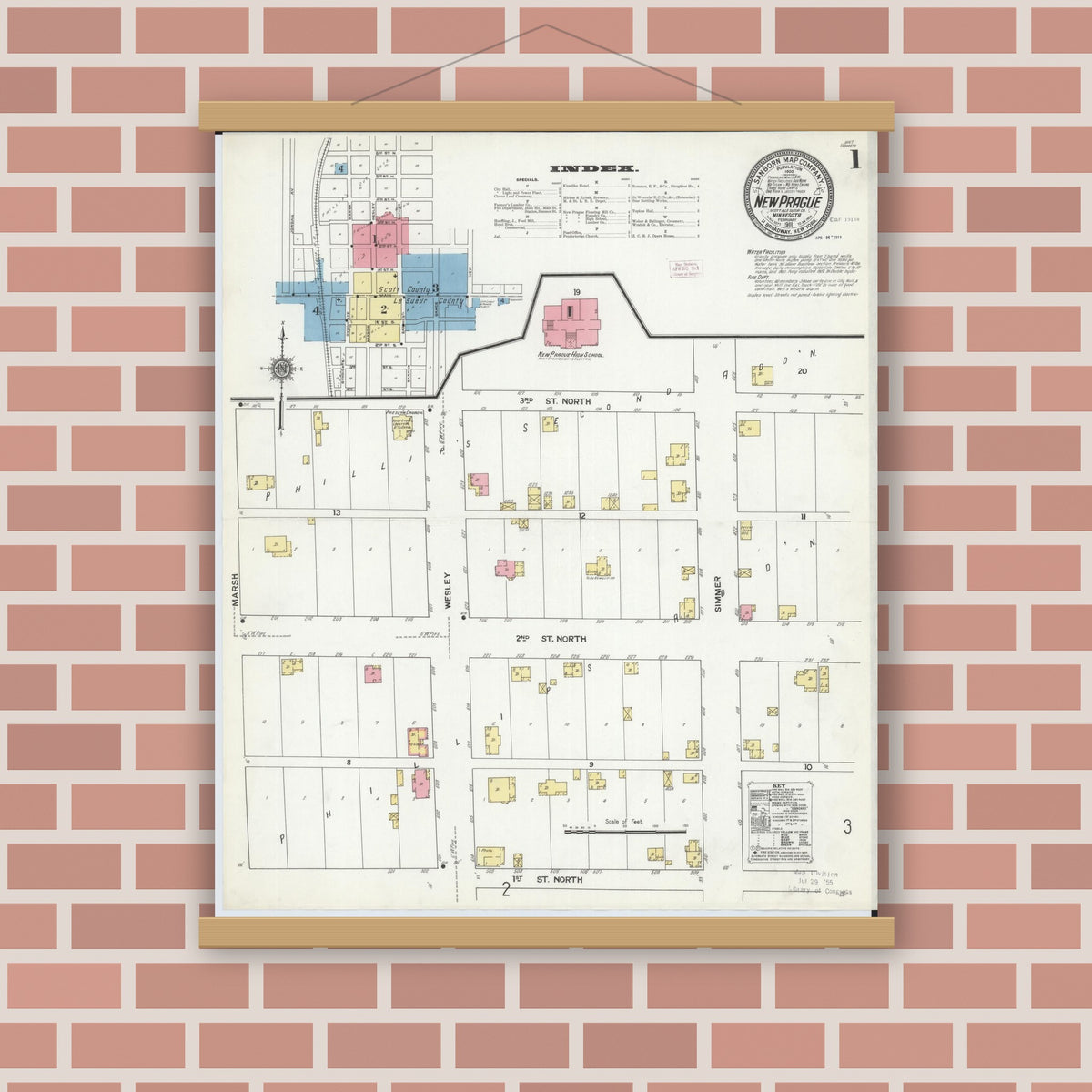 Old map wall art mockup — magnetic wood frame on brick wall — Sanborn Fire Insurance Map from New Prague, Scott And Le Sueur, Minnesota (1911), Sheet #0001