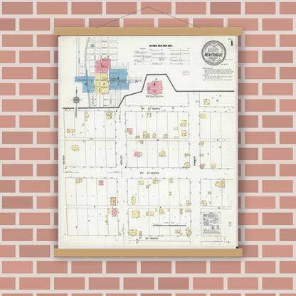 Old map wall art mockup — magnetic wood frame on brick wall — Sanborn Fire Insurance Map from New Prague, Scott And Le Sueur, Minnesota (1911), Sheet #0001