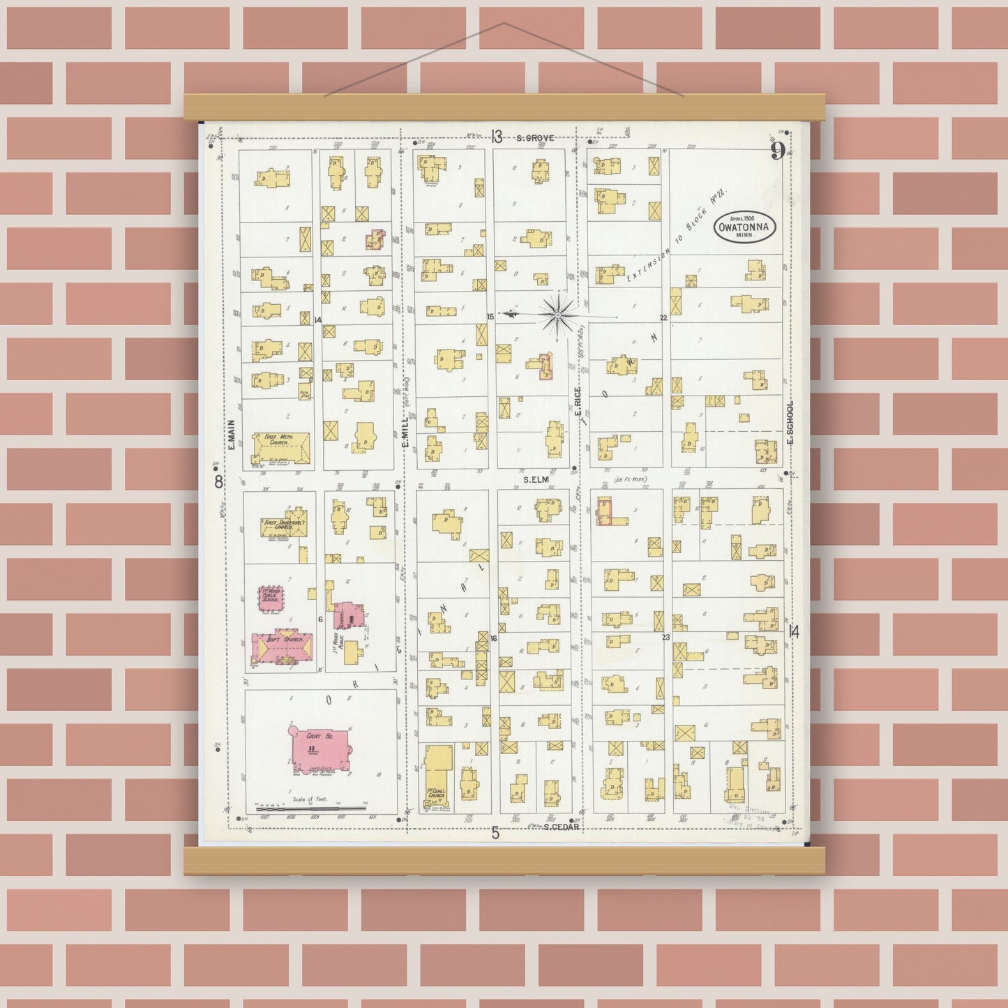 Old map wall art mockup — magnetic wood frame on brick wall — Sanborn Fire Insurance Map from Owatonna, Steele County, Minnesota (1900), Sheet #0009