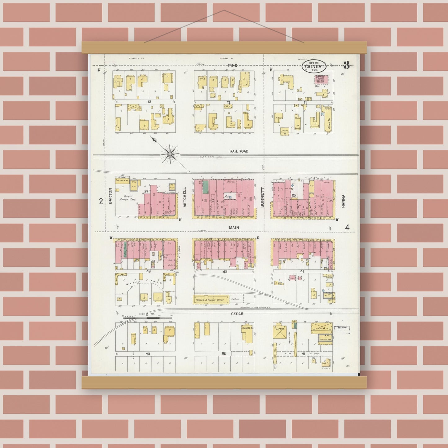Old map wall art mockup — magnetic wood frame on brick wall — Sanborn Fire Insurance Map from Calvert, Robertson County, Texas (1901), Sheet #0003