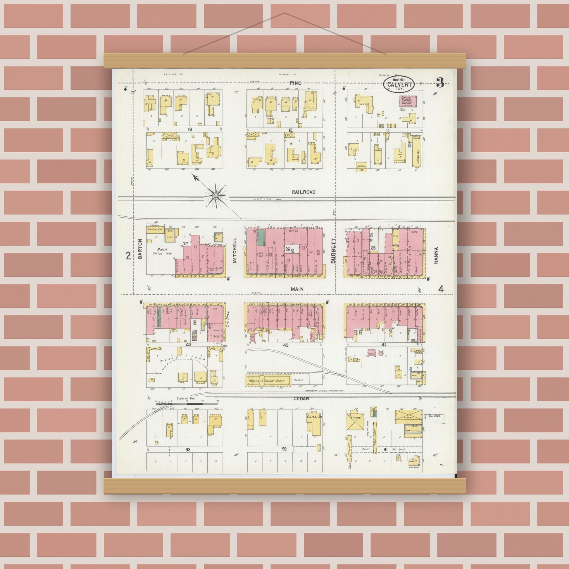 Old map wall art mockup — magnetic wood frame on brick wall — Sanborn Fire Insurance Map from Calvert, Robertson County, Texas (1901), Sheet #0003