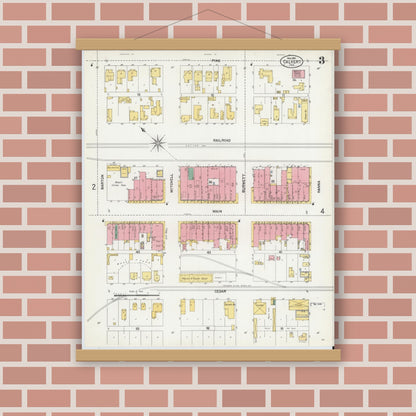 Old map wall art mockup — magnetic wood frame on brick wall — Sanborn Fire Insurance Map from Calvert, Robertson County, Texas (1901), Sheet #0003