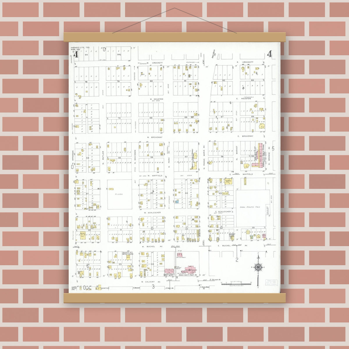 Old map wall art mockup — magnetic wood frame on brick wall — Sanborn Fire Insurance Map from Karnes City, Karnes County, Texas (1951), Sheet #0004