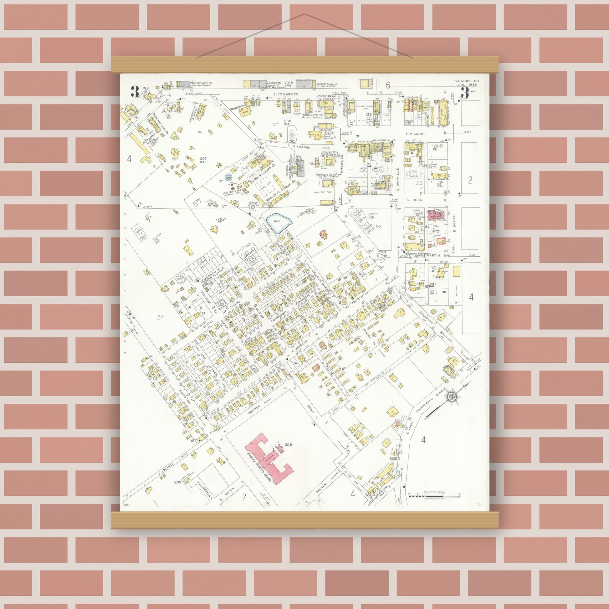Old map wall art mockup — magnetic wood frame on brick wall — Sanborn Fire Insurance Map from Kilgore, Gregg County, Texas (1936), Sheet #0003