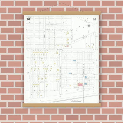 Old map wall art mockup — magnetic wood frame on brick wall — Sanborn Fire Insurance Map from Grand Prairie, Dallas County, Texas (1943), Sheet #0016