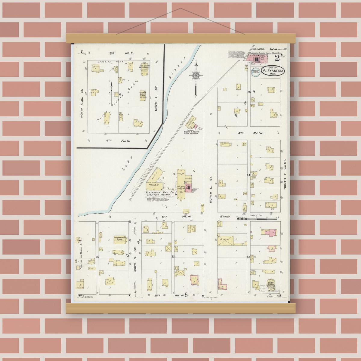 Old map wall art mockup — magnetic wood frame on brick wall — Sanborn Fire Insurance Map from Alexandria, Douglas County, Minnesota (1914), Sheet #0002