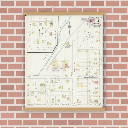 Old map wall art mockup — magnetic wood frame on brick wall — Sanborn Fire Insurance Map from Alexandria, Douglas County, Minnesota (1914), Sheet #0002