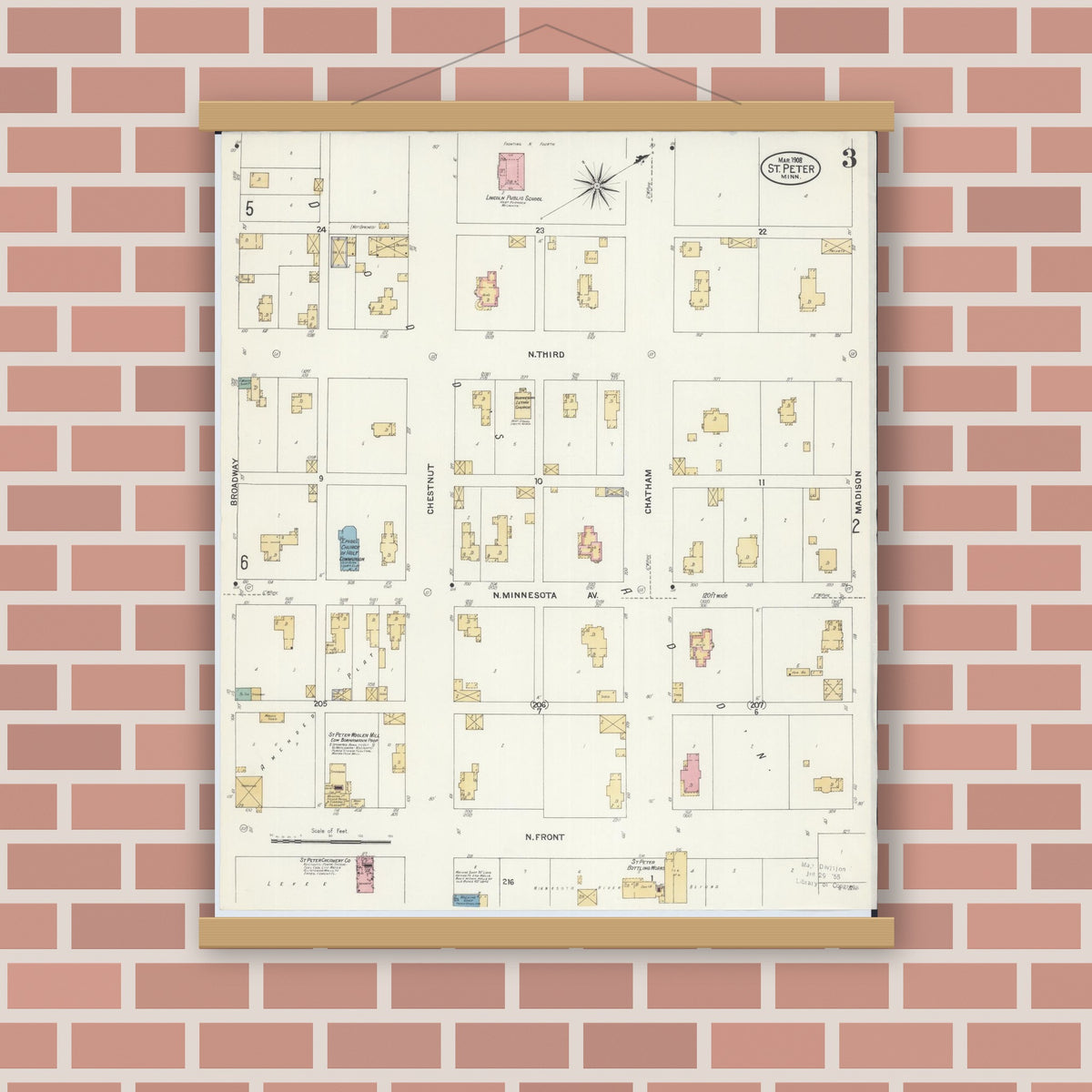 Old map wall art mockup — magnetic wood frame on brick wall — Sanborn Fire Insurance Map from Saint Peter, Nicollet County, Minnesota (1908), Sheet #0003