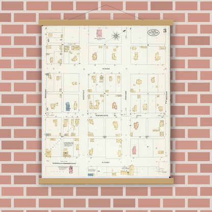 Old map wall art mockup — magnetic wood frame on brick wall — Sanborn Fire Insurance Map from Saint Peter, Nicollet County, Minnesota (1908), Sheet #0003