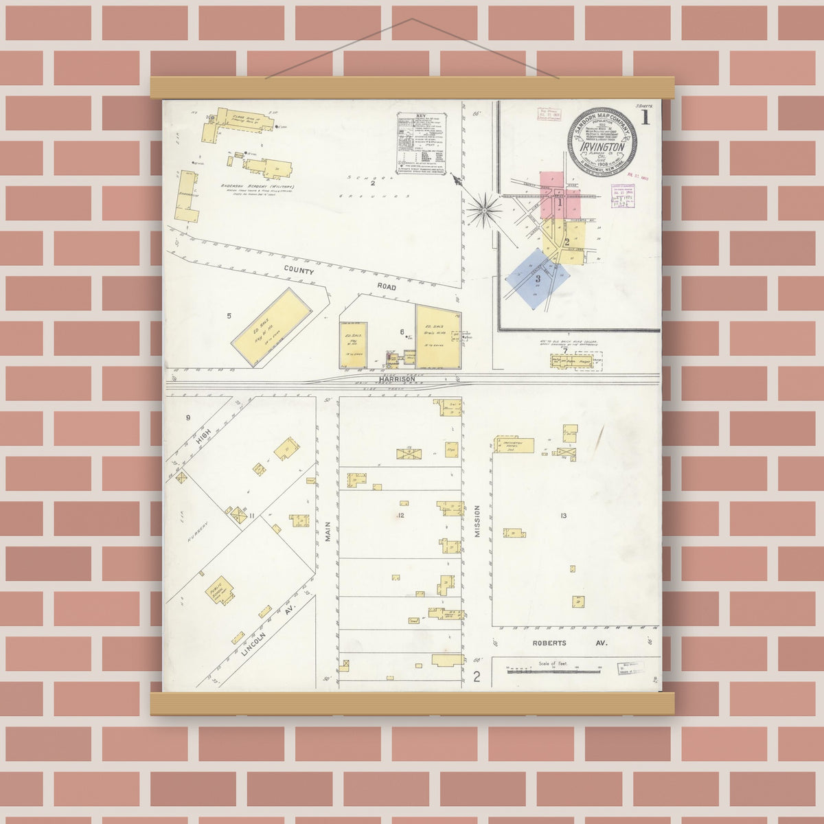 Old map wall art mockup — magnetic wood frame on brick wall — Sanborn Fire Insurance Map from Irvington, Alameda County, California (1908), Sheet #0001