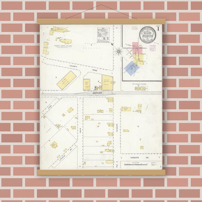 Old map wall art mockup — magnetic wood frame on brick wall — Sanborn Fire Insurance Map from Irvington, Alameda County, California (1908), Sheet #0001