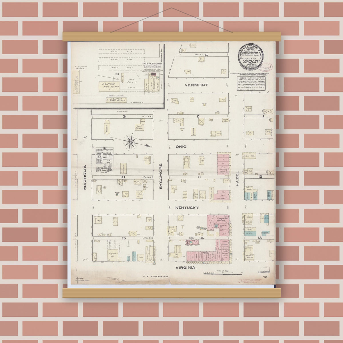 Old map wall art mockup — magnetic wood frame on brick wall — Sanborn Fire Insurance Map from Gridley, Butte County, California (1884), Sheet #0001