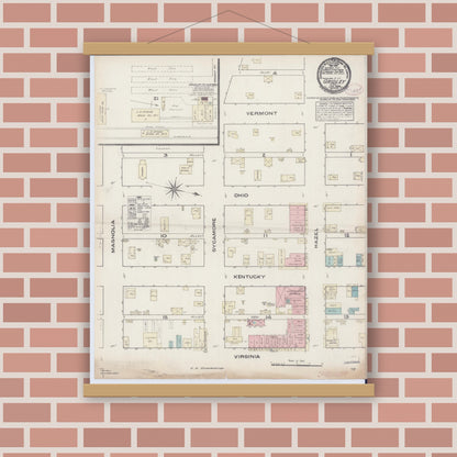 Old map wall art mockup — magnetic wood frame on brick wall — Sanborn Fire Insurance Map from Gridley, Butte County, California (1884), Sheet #0001