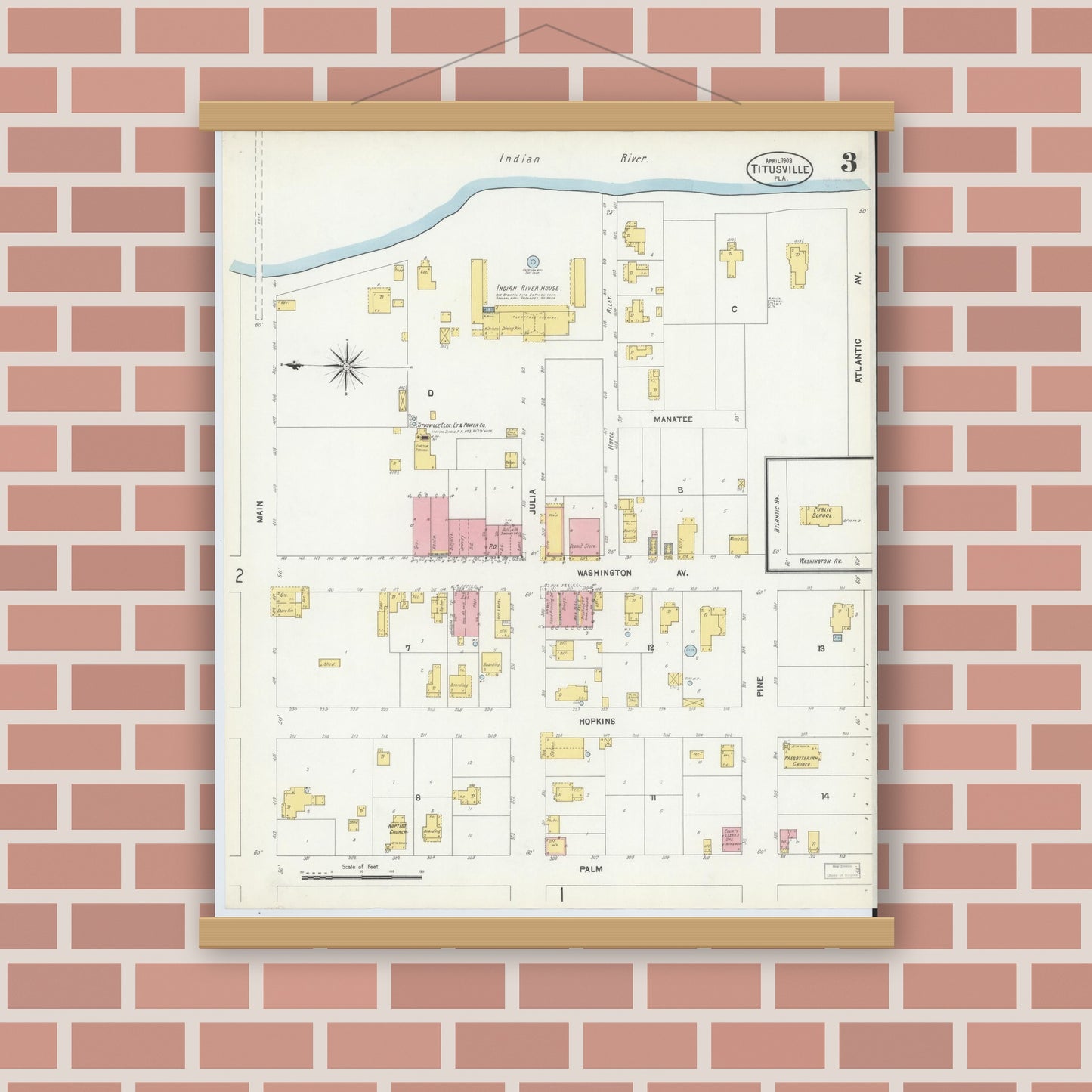 Old map wall art mockup — magnetic wood frame on brick wall — Sanborn Fire Insurance Map from Titusville, Brevard County, Florida (1903), Sheet #0003