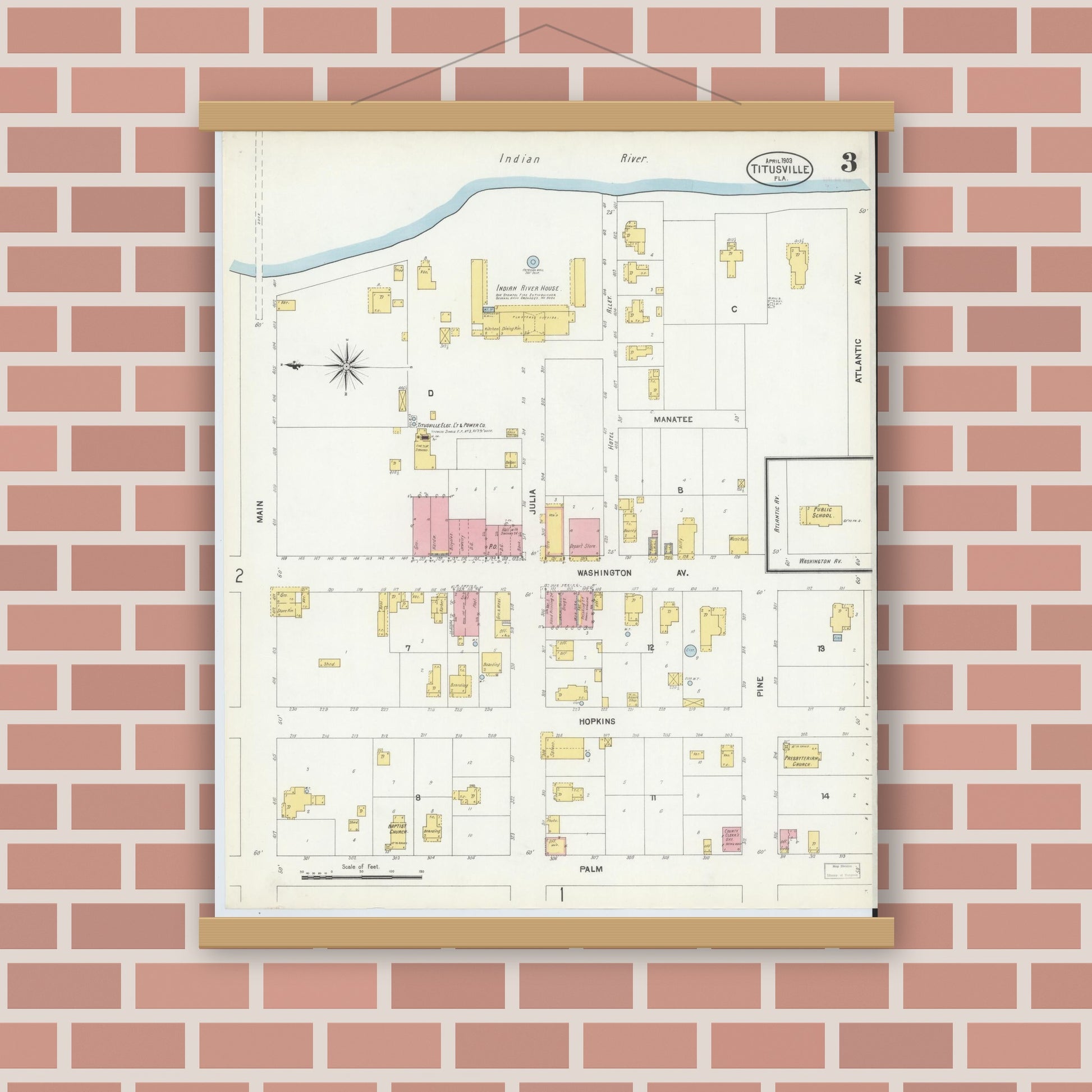 Old map wall art mockup — magnetic wood frame on brick wall — Sanborn Fire Insurance Map from Titusville, Brevard County, Florida (1903), Sheet #0003