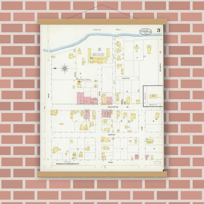 Old map wall art mockup — magnetic wood frame on brick wall — Sanborn Fire Insurance Map from Titusville, Brevard County, Florida (1903), Sheet #0003