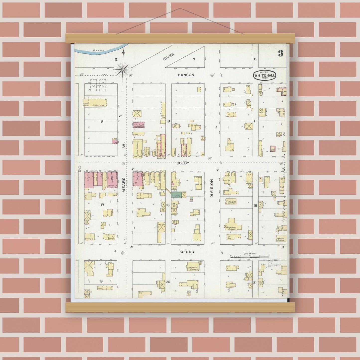 Old map wall art mockup — magnetic wood frame on brick wall — Sanborn Fire Insurance Map from Whitehall, Muskegon County, Michigan (1892), Sheet #0003
