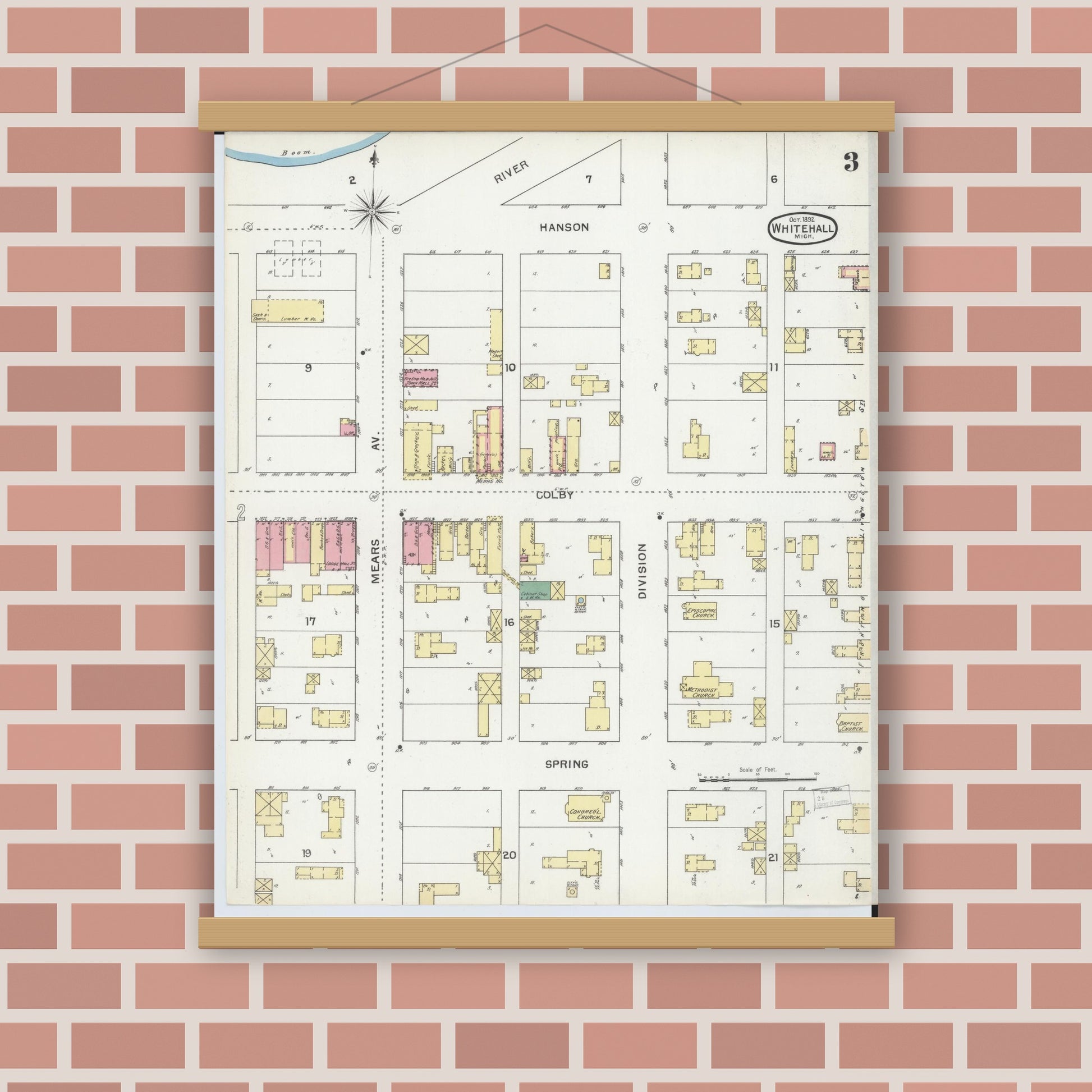 Old map wall art mockup — magnetic wood frame on brick wall — Sanborn Fire Insurance Map from Whitehall, Muskegon County, Michigan (1892), Sheet #0003
