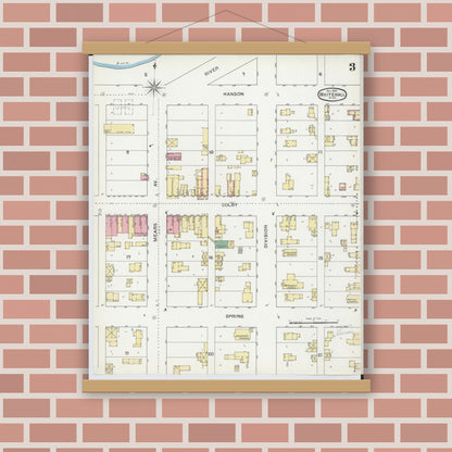 Old map wall art mockup — magnetic wood frame on brick wall — Sanborn Fire Insurance Map from Whitehall, Muskegon County, Michigan (1892), Sheet #0003
