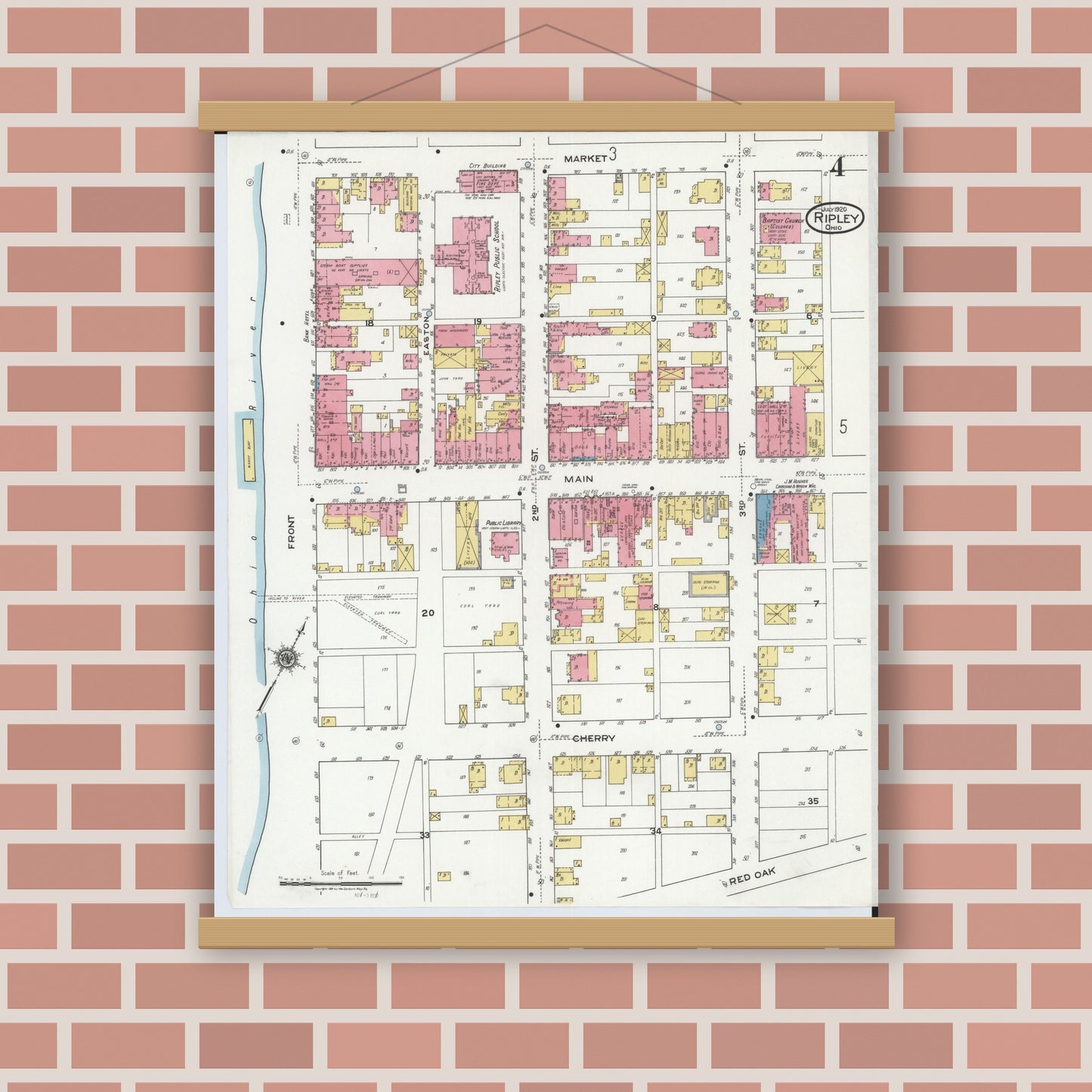 Old map wall art mockup — magnetic wood frame on brick wall — Sanborn Fire Insurance Map from Ripley, Brown County, Ohio (1920), Sheet #0004