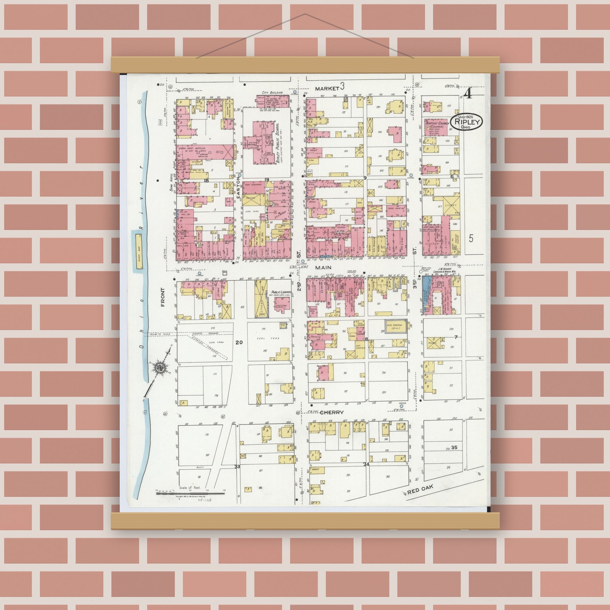 Old map wall art mockup — magnetic wood frame on brick wall — Sanborn Fire Insurance Map from Ripley, Brown County, Ohio (1920), Sheet #0004
