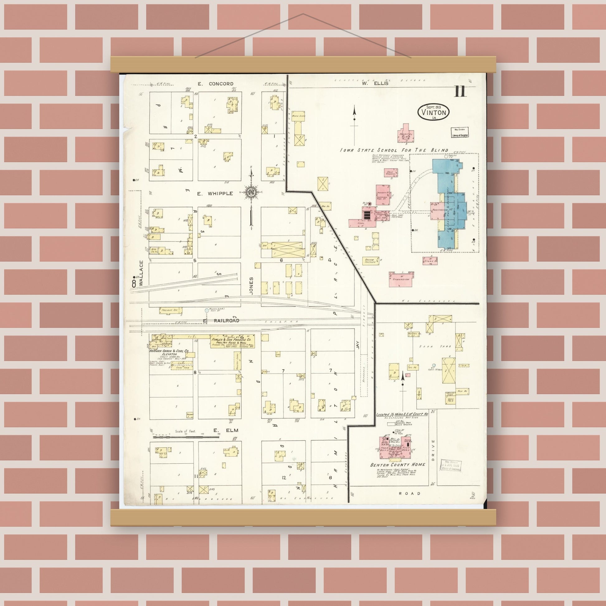 Old map wall art mockup — magnetic wood frame on brick wall — Sanborn Fire Insurance Map from Vinton, Benton County, Iowa (1913), Sheet #0011
