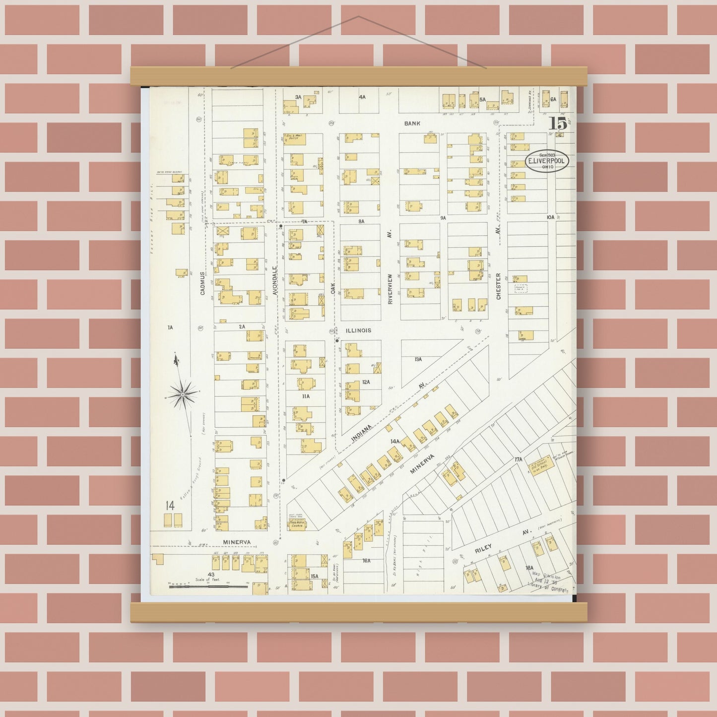 Old map wall art mockup — magnetic wood frame on brick wall — Sanborn Fire Insurance Map from East Liverpool, Columbiana County, Ohio (1903), Sheet #0015