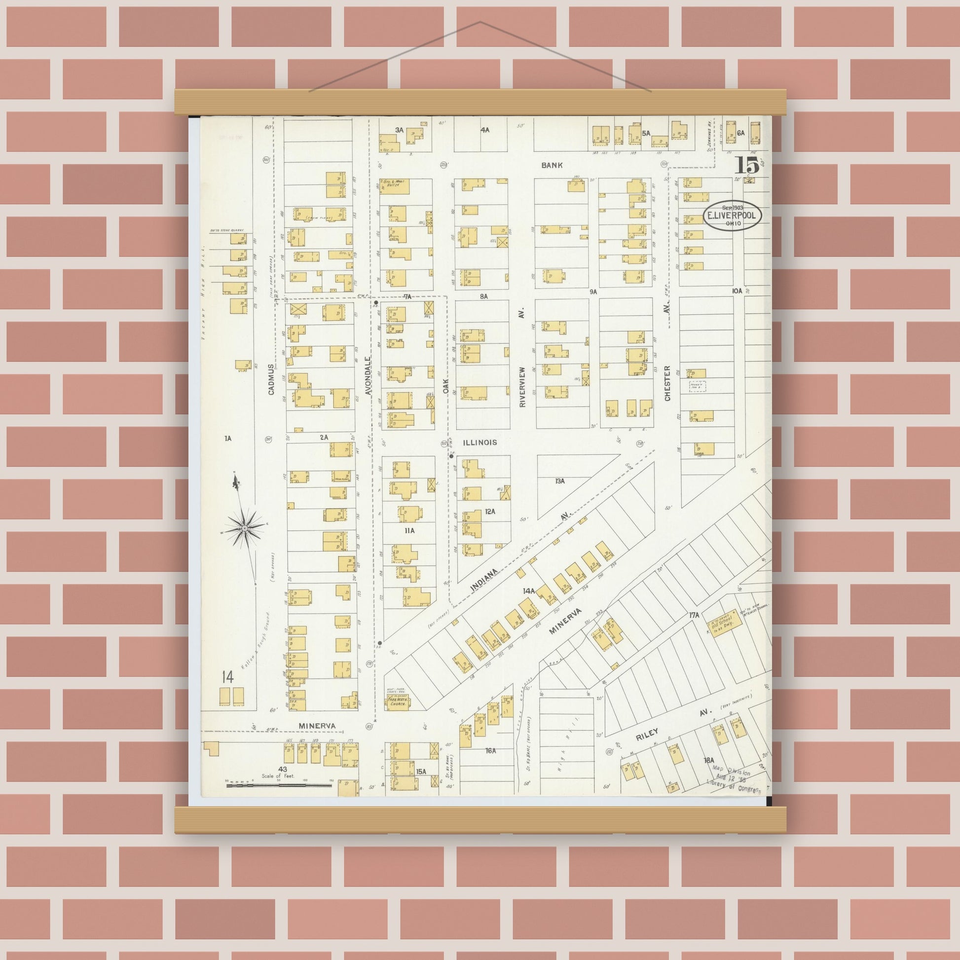 Old map wall art mockup — magnetic wood frame on brick wall — Sanborn Fire Insurance Map from East Liverpool, Columbiana County, Ohio (1903), Sheet #0015