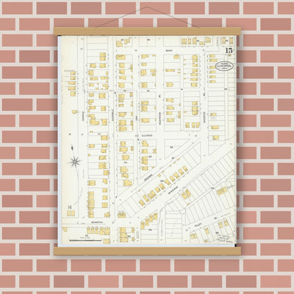 Old map wall art mockup — magnetic wood frame on brick wall — Sanborn Fire Insurance Map from East Liverpool, Columbiana County, Ohio (1903), Sheet #0015