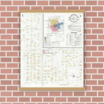 Old map wall art mockup — magnetic wood frame on brick wall — Sanborn Fire Insurance Map from Monroe City, Monroe County, Missouri (1933) - Complete Map Set