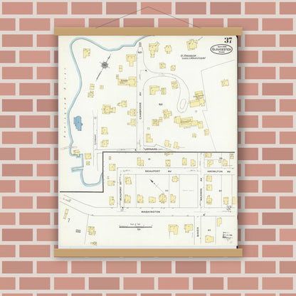 Old map wall art mockup — magnetic wood frame on brick wall — Sanborn Fire Insurance Map from Gloucester, Essex County, Massachusetts (1909), Sheet #0037